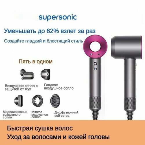 Фен для волос профессиональный с ионизацией и сменными насадками 1600 Вт серый металлик 333300₽