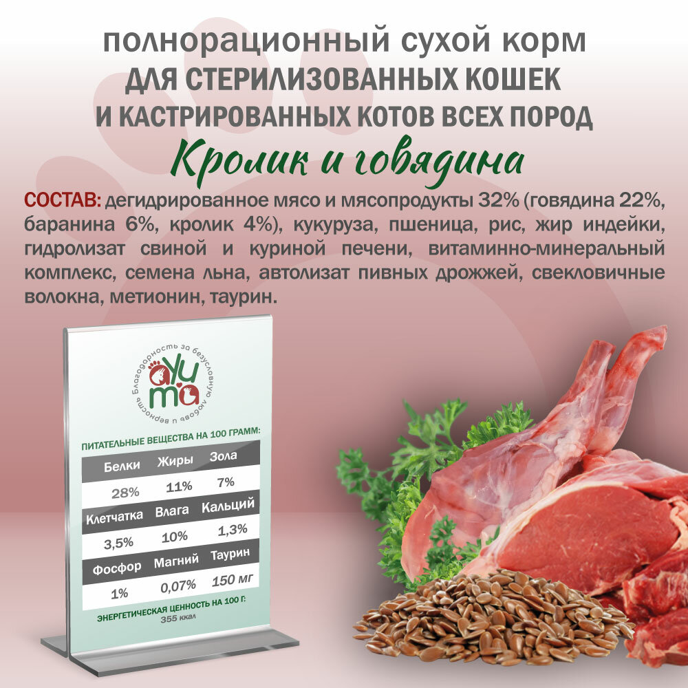 Сухой корм для кошек стерилизованных и кастрированных "AYUMA" (АЮМА) Premium, гипоаллергенный, кролик и говядина, 2 кг — фото 1