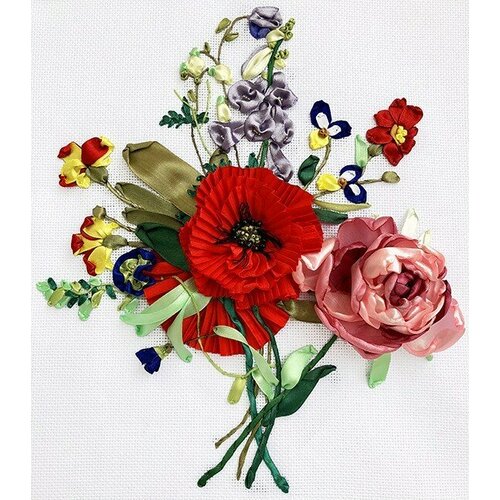 Букет с маком и пионом #ВЛ-1003 Любава Набор для вышивания 24 х 27 см Вышивка лентами