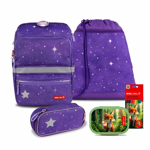 набор рюкзак школьный алиса мешок пенал разм 40 x 28 x 15 регулируемый рельефная спинка Школьный ранец Belmil ZIPPY Purple Sky с наполнением