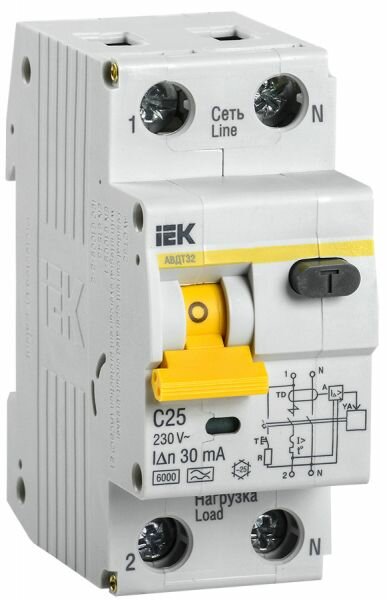 Автоматический выключатель дифф. тока 1-пол.+N 25А 30мА тип A 6кА хар-ка C серия АВДТ32 MAD22-5-025-C-30 IEK (ИЭК)