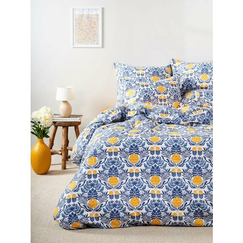 Постельное белье 1.5-спальное Поплин (наволочки 70x70 2 шт.) Ночь Нежна Линнет 20045-1+71141-16 желтый, синий, белый, размер 1.5, спальный