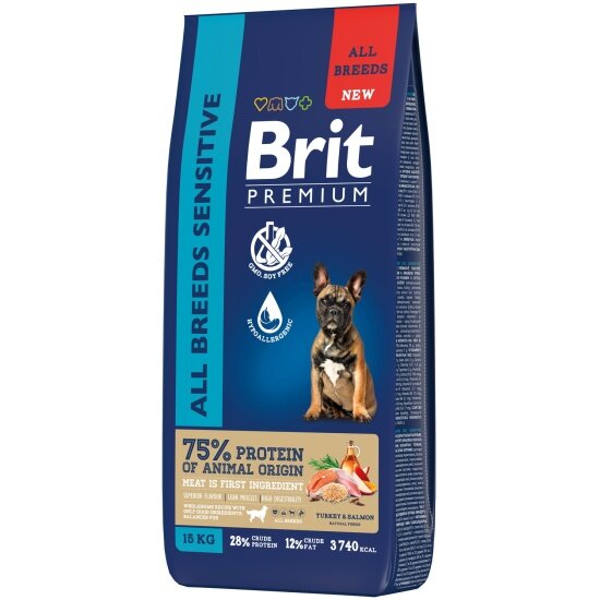 Корм сухой для взрослых собак всех пород Brit Premium Dog Sensitive с чувствительным пищеварением, с лососем и индейкой 15 кг — фото 1