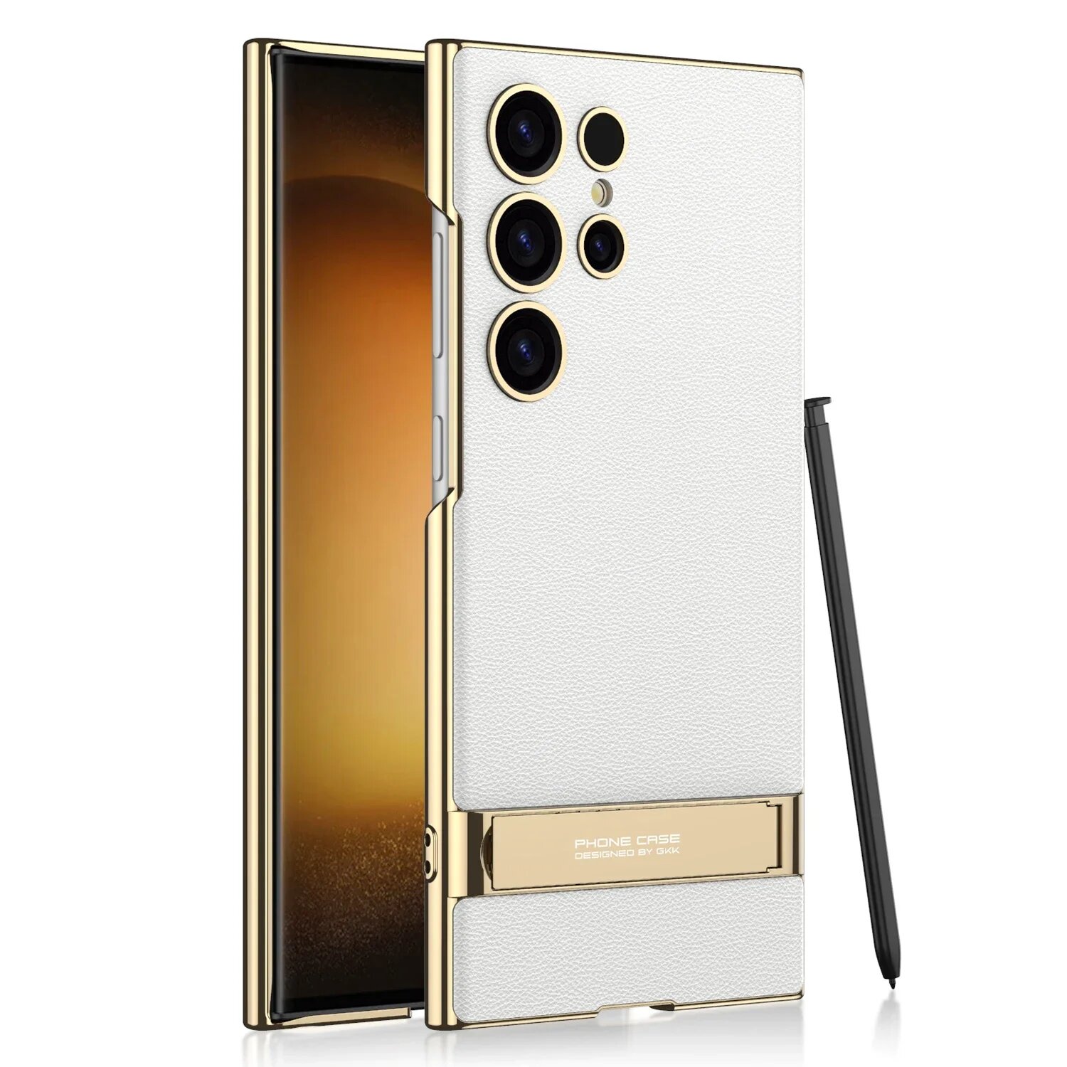 Для Samsung Galaxy S25 Ultra S24Ultra чехол гальванический позолоченный кронштейн простой кожаный кронштейн противоударный чехол аксессуары, white, for Galaxy S24 Ultra, case only(no pen)