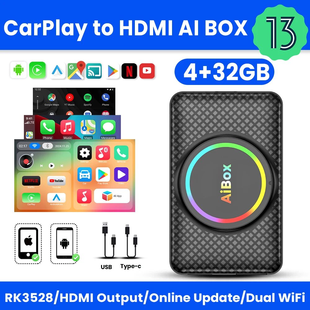 Android13 CarPlay AIBox 4GB+32GB ミニHDMI Android 13 Ai TVBox Ai Box Carplay WIFI6 2G+32G Carplay