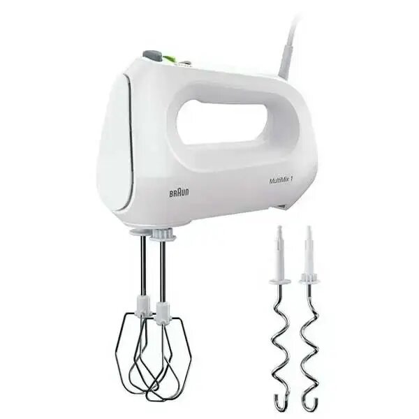 Миксер Braun HM1010WH, 4 насадки, 4 скорости, длина шнура 1.4м, вес 1.2кг, белый — фото 1