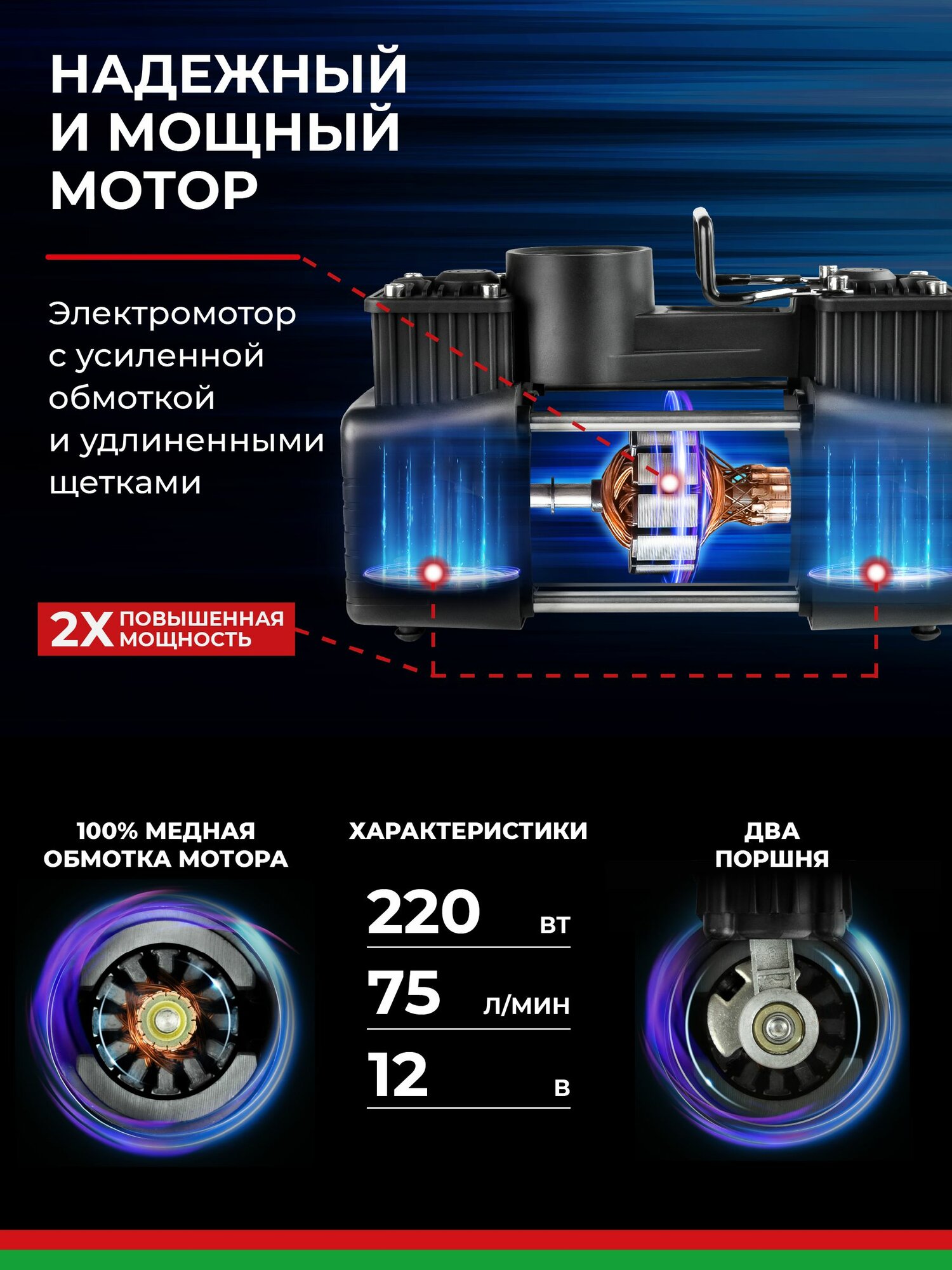 Компрессор автомобильный двухпоршневой / Насос электрический от прикуривателя 12v / "Мистраль - 75М" 75л/мин БАК.99168 — фото 8