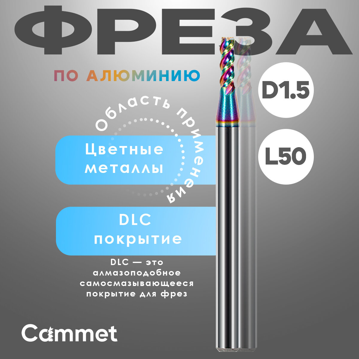 Твердосплавная фреза концевая D1.5*C4*P58*d4*Z3*L50-AL по алюминию HRC58 монолитная с покрытием DLC