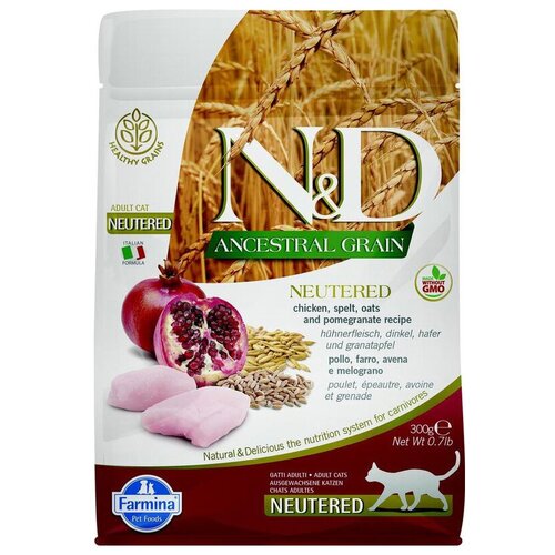 Farmina N&D Ancestral Grain Adult Neutered Chicken Spelt Oats Pomegranate Сухой Низкозерновой корм для взрослых Стерилизованных кошек и Кастрированных котов Курица с Гранатом 300 г