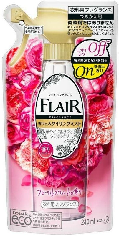 КAO Flair Floral Sweet Кондиционер-спрей Премиум для глажки белья, свежий аромат садовой розы, жасмина, гардении, ванили, сладкого персика, сменная упаковка 240 мл