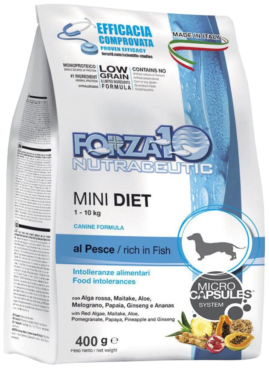 Сухой гипоаллергенный корм для собак мелких пород Forza10 Mini Diet Pesce рыба ,400гр