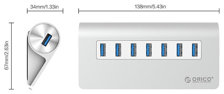 USB-концентратор  ORICO M3H7, разъемов: 7, 100 см, серебристый