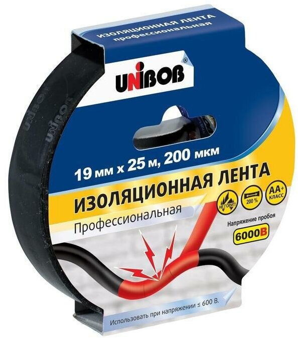 Изолента Unibob ПВХ (19мм x 25м, 200мкм, черная) 1шт.