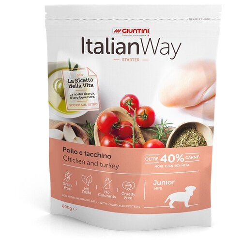 Корм Italian Way беззерновой, для щенков со свежей курицей и индейкой 1,5 кг