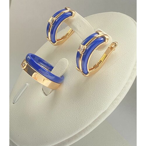 Комплект бижутерии : кольцо, серьги, бижутерный сплав, керамика, размер кольца 18, синий