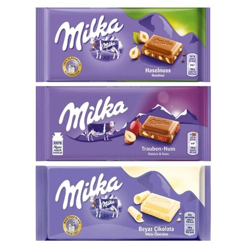 фото Шоколад milka hazelnuts + raisins & hazelnuts + white (набор из 3 шт), 100 г, 3 шт.