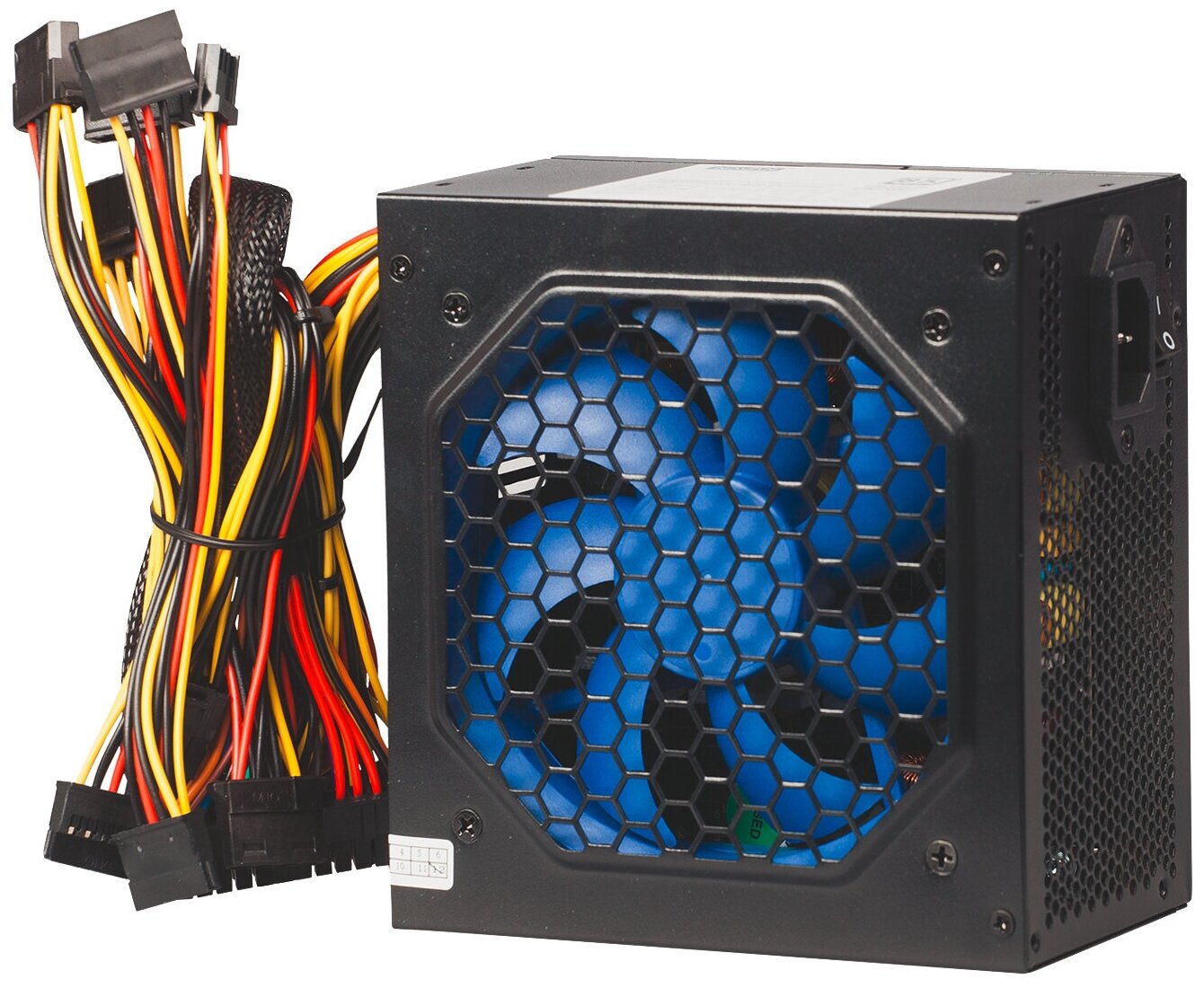 NAVAN APFC-500W TC 120мм blue fan, APFC, SCP, OVP,UVP, TC, DUAL EMI, 24PIN+8PIN CPU/3*HDD/4*SATA/6PIN+2PIN/1FDD, цвет - черный, OEM