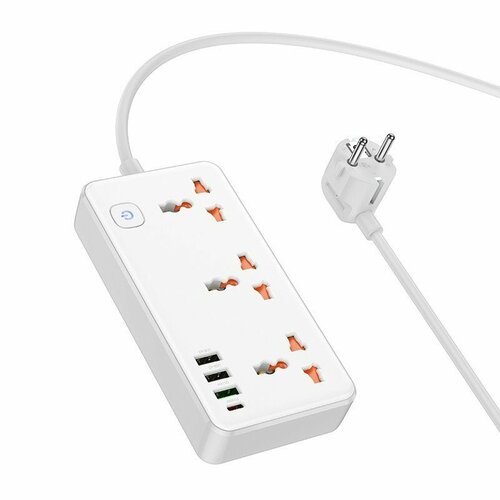 Сетевой фильтр Hoco AC8A Storm, 3USB+3BIT+USB-C, 2500W, DC 30W с Кабелем 1.5 метра, Белый сетевой фильтр на 3 розетки 1 usb 18w qc 2 usb 1 pd 30w 1 5м ac8a hoco черный