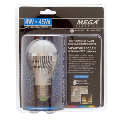 Лампа светодиодная E27 G45 4W(45W) 220V холодный MEGA LIGHTING LM-0627NW-E27