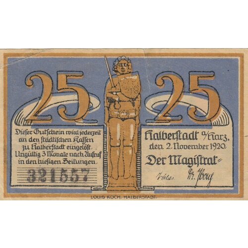 Германия (Веймарская Республика) Хальберштадт 25 пфеннигов 1920 г. (Вид 1) (5) германия веймарская республика хальберштадт 25 пфеннигов 1920 г