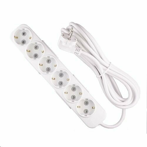 Удлинитель 6 гнезд 5 метров С заземлением+Шторки Белый 16А/3,5кВт ПВС 3х1,5мм2 Myra EL-BI арт.527-010205-621