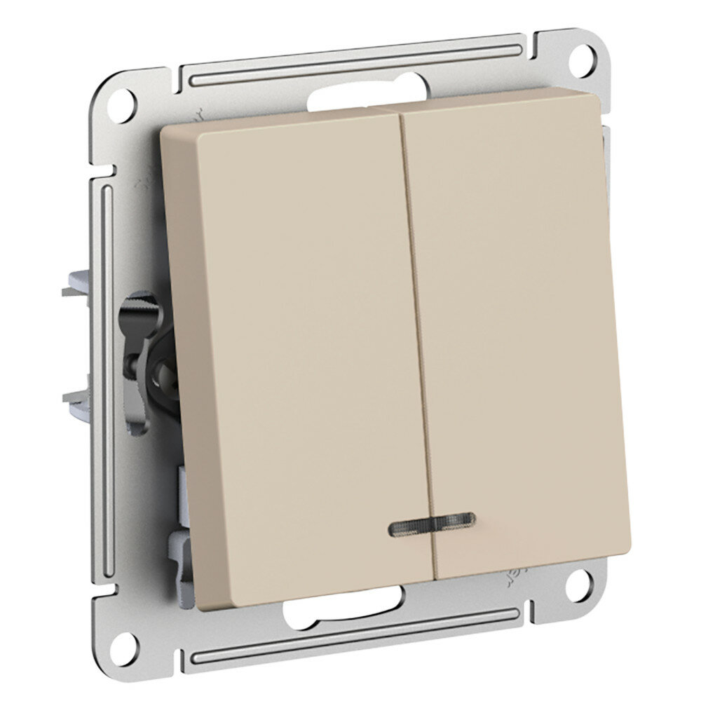 Выключатель двухклавишный с подсветкой Systeme Electric Atlas Design, на винтах, песочный