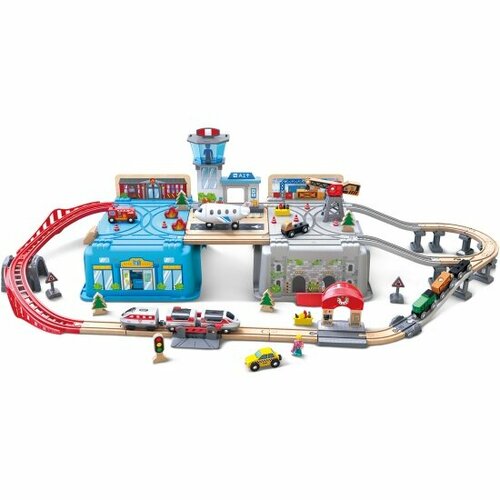 Железная дорога Hape для детей "Мега Метрополис" 80 предметов на батарейках E3773_HP