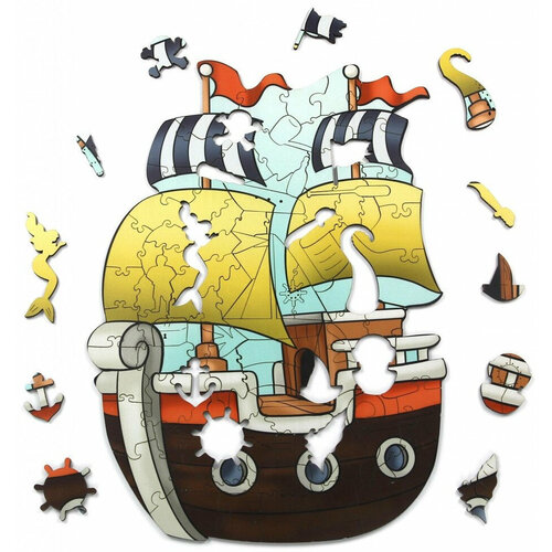 Фигурный деревянный пазл-головоломка Пиратский кораблик, 112 деталей из дерева