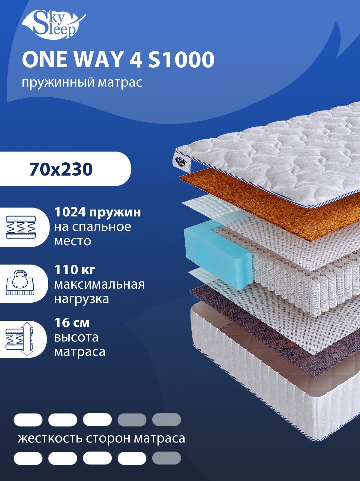 Односторонний ортопедический матрас SkySleep ONE WAY 4 S1000 на кровать 70x230