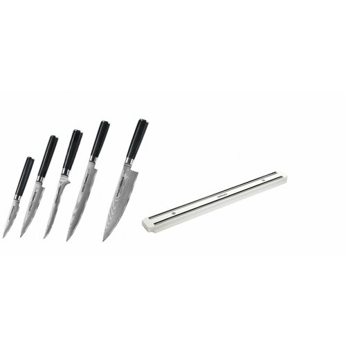 SD-1021634585МБД Набор из 5-ти кухонных ножей SAMURA, овощного, универсального, обвалочного, слайсера, Шефа и магнитного держателя белого цвета белый, серебристый, белый