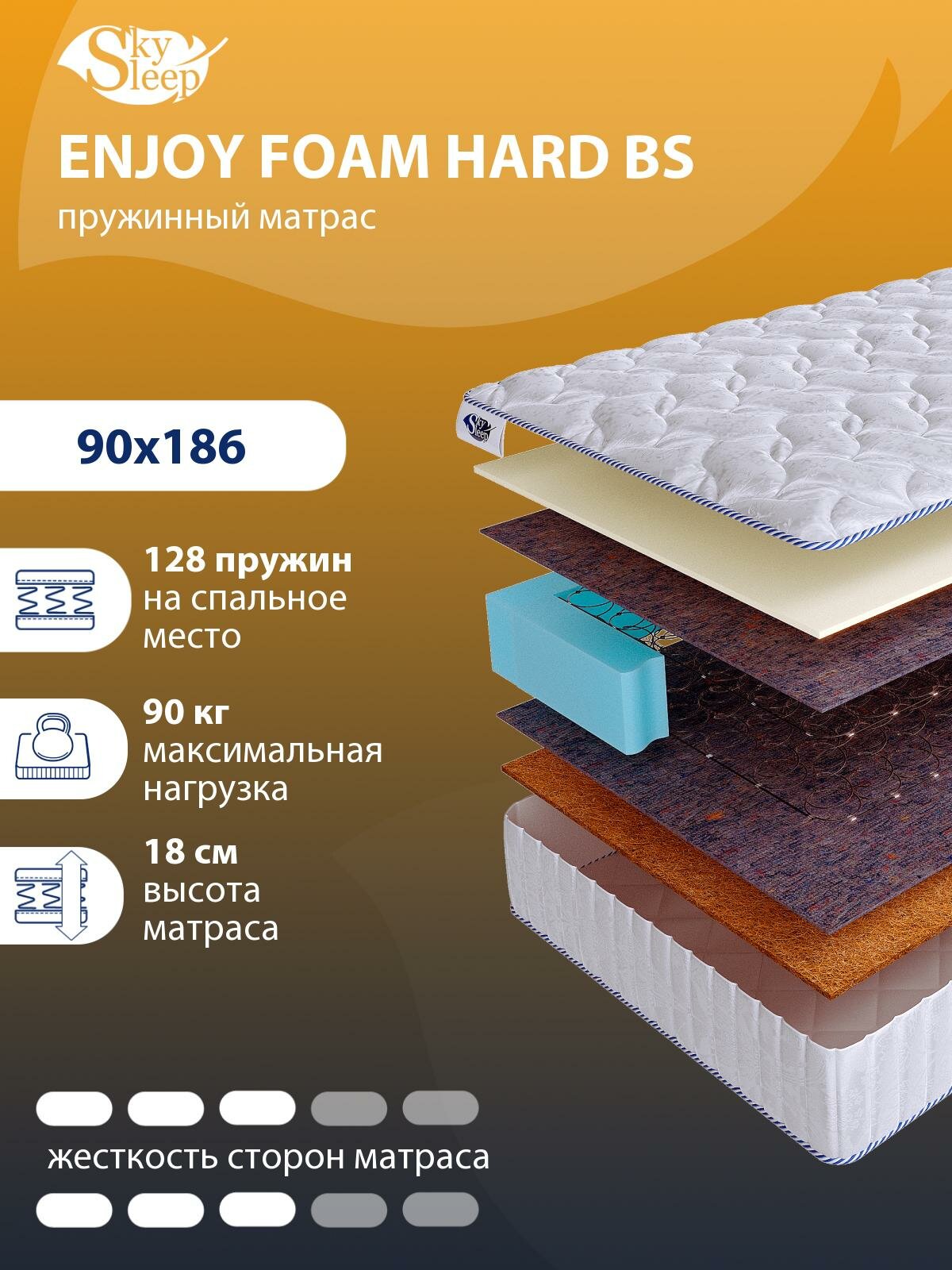 Ортопедический матрас SkySleep с зависимыми пружинами ENJOY FOAM HARD BS на кровать 90x186