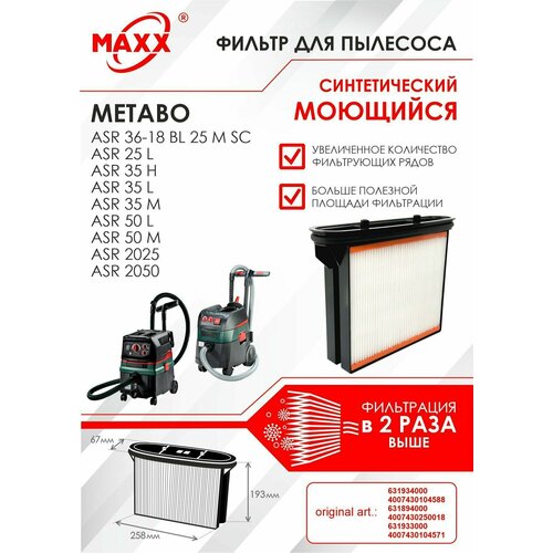 Фильтр складчатый синтетический, моющийся для пылесоса Metabo ASR 25, 35, 50, 2025, 2050, Metabo ASR 36-18 BL 25 M SC мешок пылесборник 5 шт для пылесоса metabo asr 2025 asa 32 l asr 25 l asr 35 l синтетический