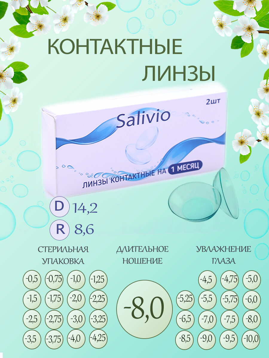 Контактные линзы Salivio -8,0, ежемесячная замена, бесцветные, прозрачные, R 8.6 , диаметр 14,2 мм, 2 шт.