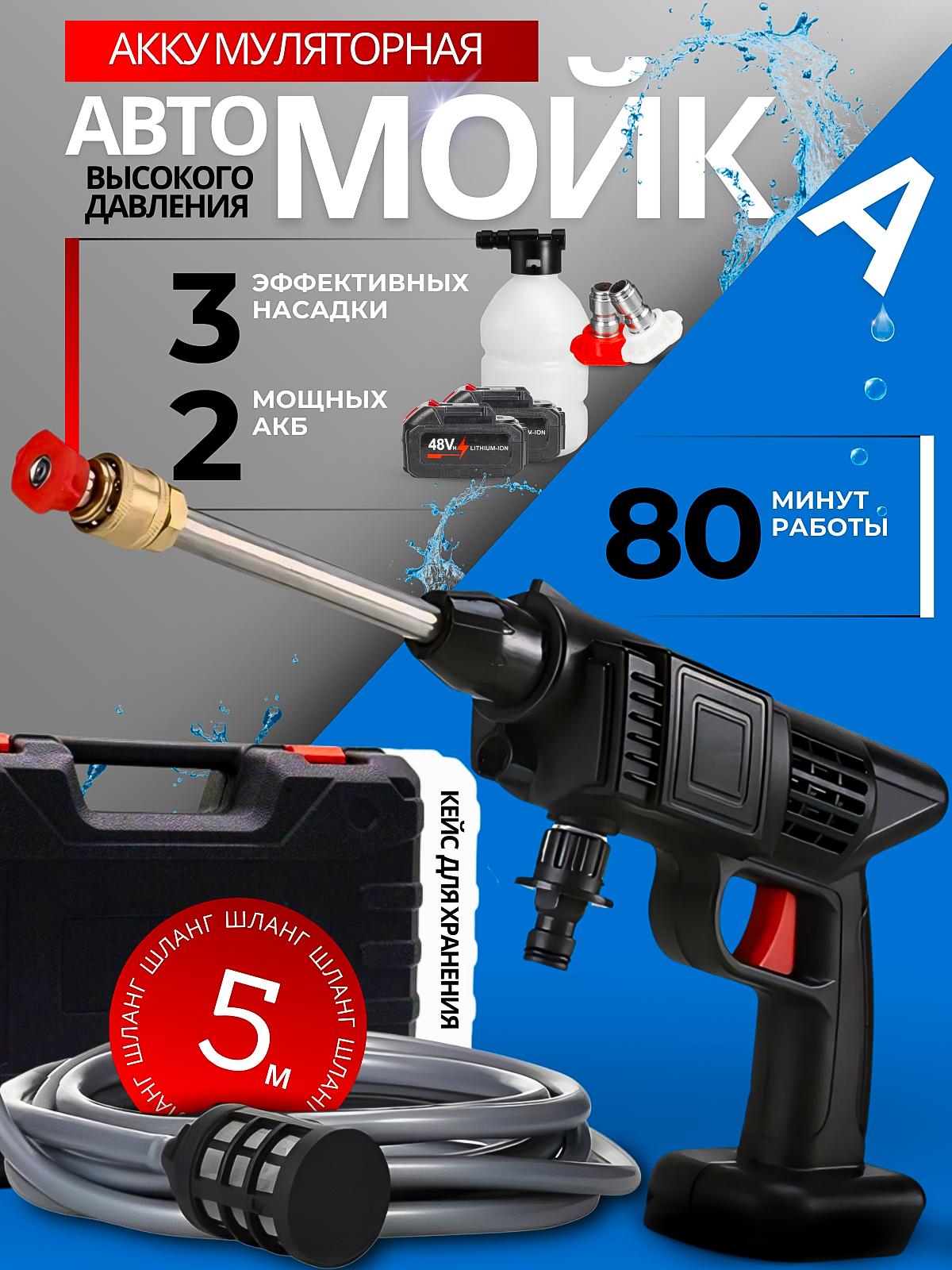 фото Мойка высокого давления с 2 аккумуляторами для автомобиля и сада