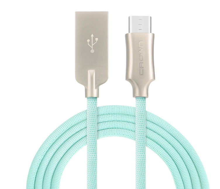 Кабель USB Type-C Crown CMCU-3132C, провод Type-C нейлон, бирюзовый , круглый, 1 м, 5В/2А, USB 2.0, до 480 Мбит/сек.