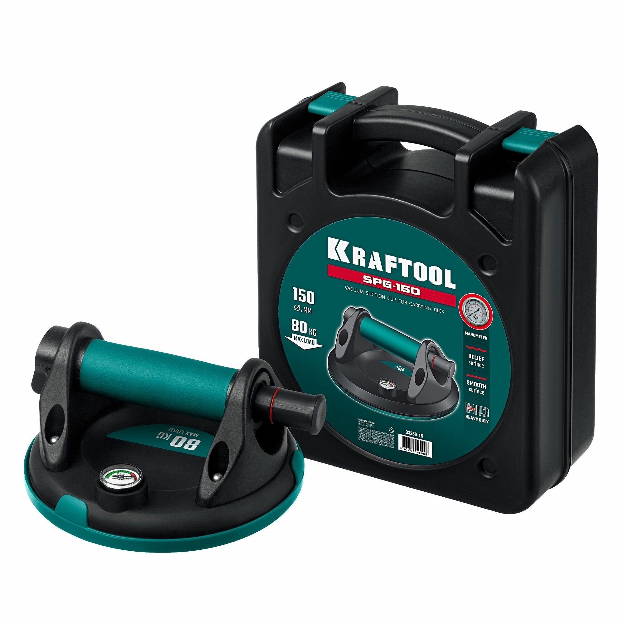 Вакуумная присоска, KRAFTOOL SPG-150 d - 150 мм, макс 80 кг, манометр