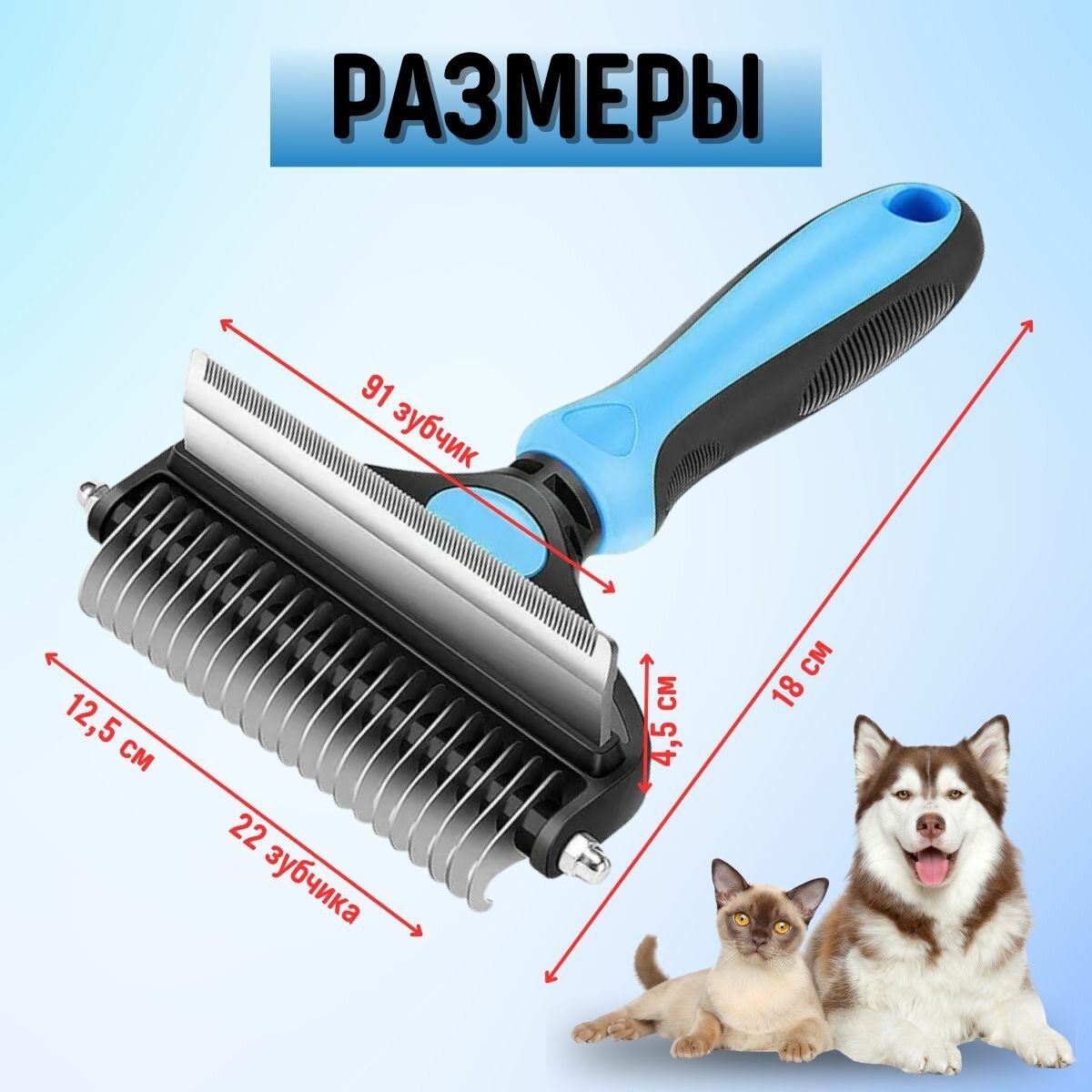 Расчёска 2в1 для вычесывания шерсти собак и кошек, Чесалка-Пуходёрка, Дешеддер с Колтунорезом — фото 1