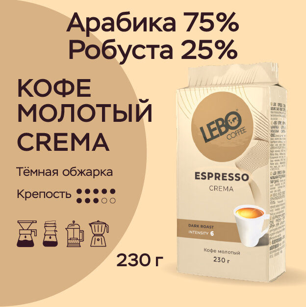 Кофе молотый Lebo CREMA Кофе молотый натуральный Арабика 75%, Робуста 25% , Приготовление - универсально 230 г