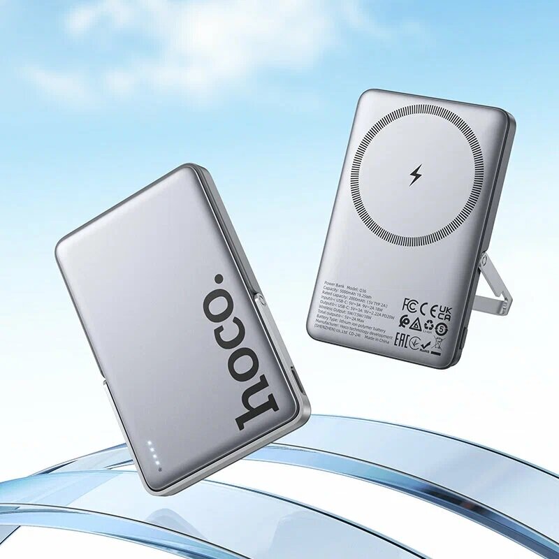 Внешний магнитный беспроводной аккумулятор Hoco Q36 Sunlight, 5000 mAh, MagSafe Qi10W/PD20W, с подставкой, metal grey — фото 1