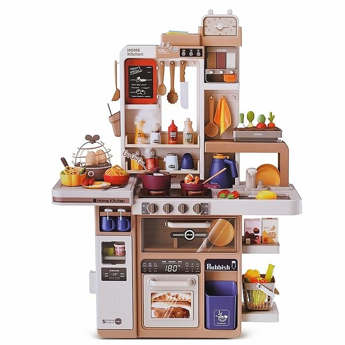 Игровая кухня Oubaoloon "Гарнитур", бежевая, 88 предметов, свет, звук, пар, слив воды, в коробке (889-230)