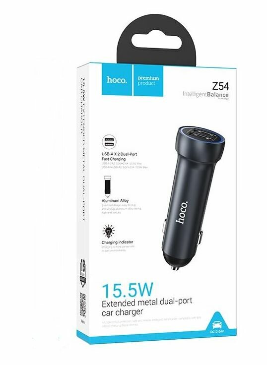 Автомобильное зарядное устройство 2*USB Hoco Z54 Prosperous dual-port 15.5W, Metal Gray (удлинненая)