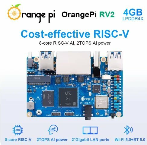 Оранжевый Pi RV2 RAM Одноплатный компьютер DDR4 8-ядерный процессор RISC-V 2TOPS AI WiFi BT5.0 BLE M2 PCIE SSD Мини-ПК Поддержка Ubuntu OS, 4GB