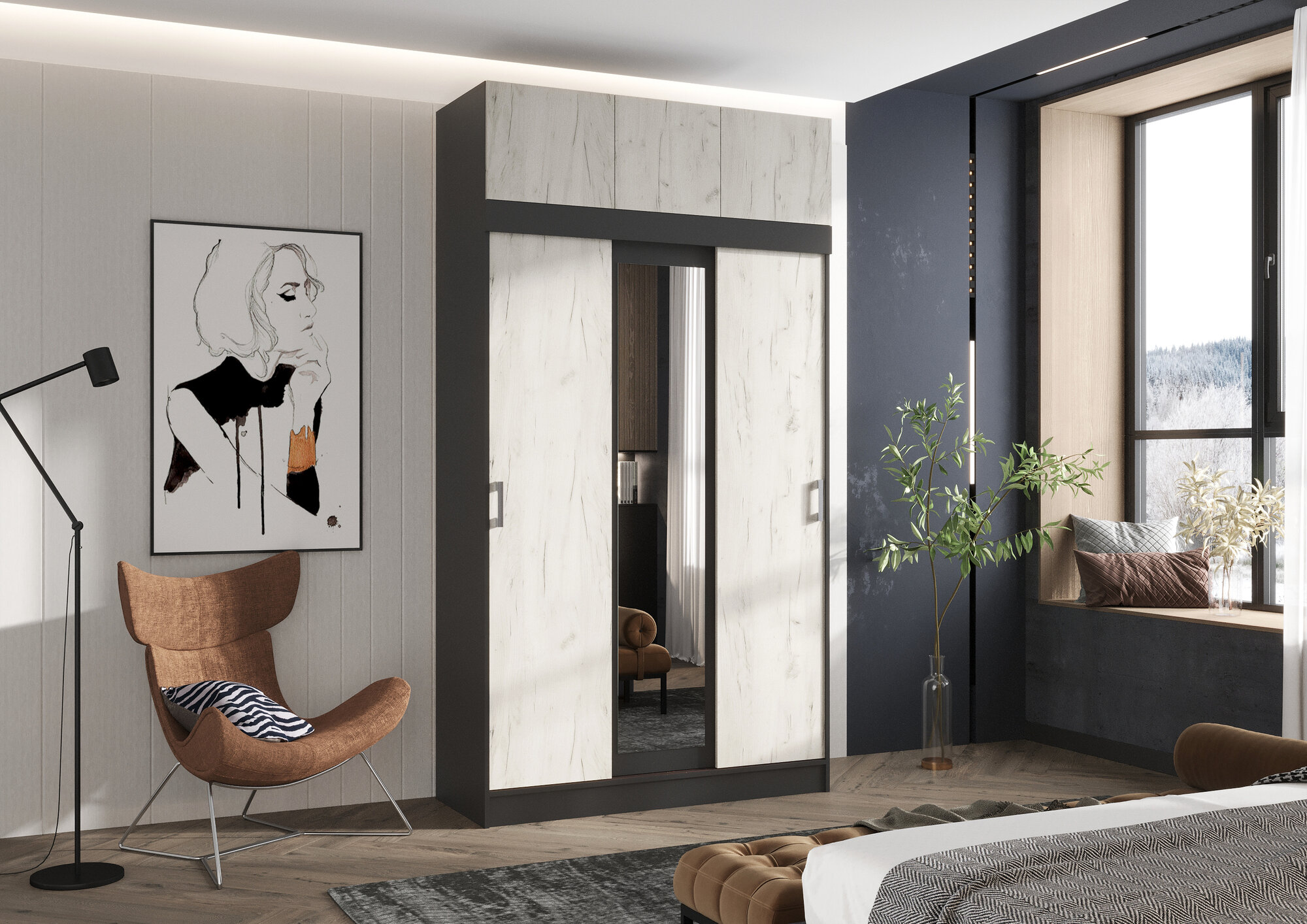 Шкаф-купе 3-х дверный с зеркалом и антресолью Бася/Роджина (1300) графит/фасад дуб крафт белый