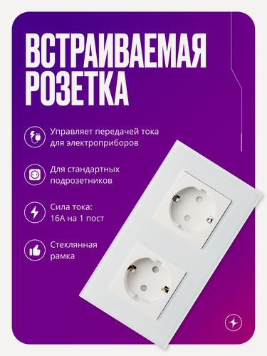 Изображение товара Розетка двойная встраиваемая на 16 А, 2 поста, белая со стеклянной рамкой, заземлением и шторками