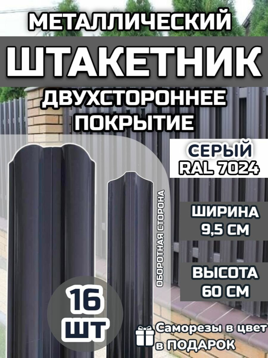 Штакетник металлический фигурный (штакет евроштакетник) 16 шт.(крепеж в комплекте) Двухсторонний окрас цвет RAL 7024 Серый высота 0.60 м ширина планки 95мм) Забор