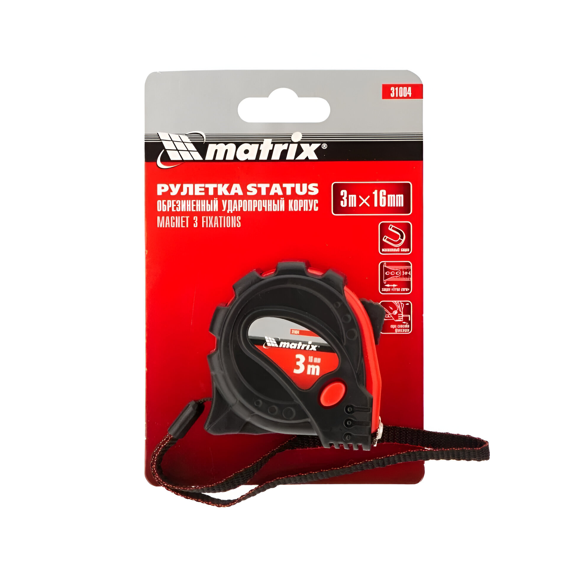MATRIX Рулетка Status magnet 3 fixations 3 м х 16 мм обрезиненный корпус зацеп с магнитом// 31004