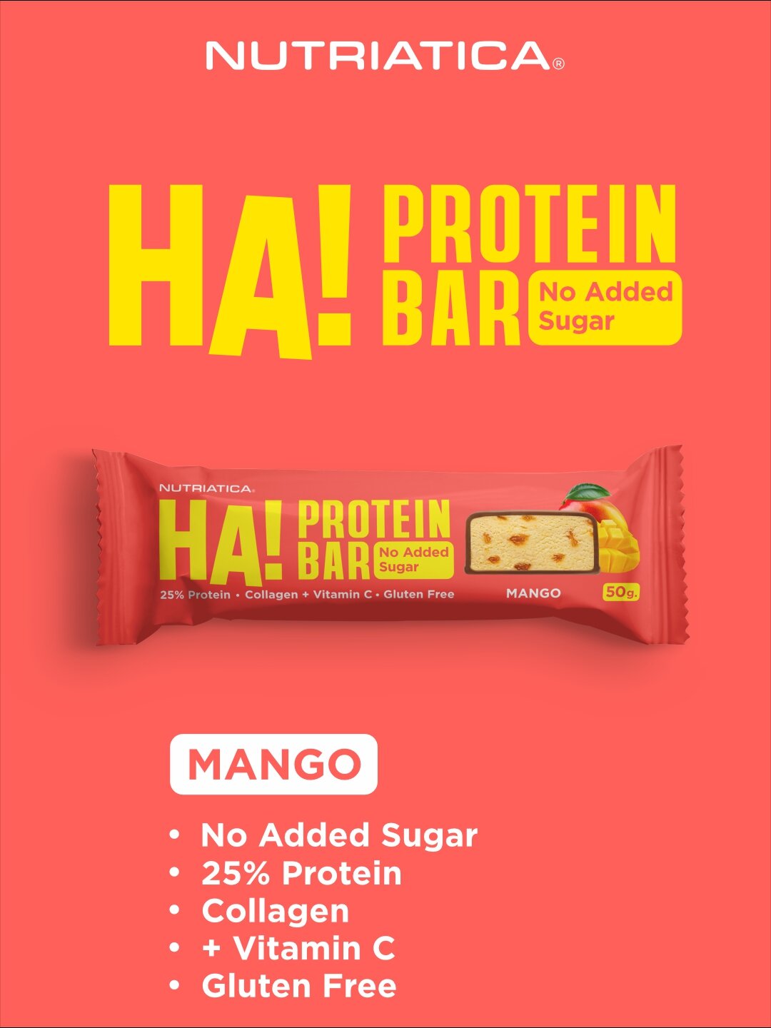 Протеиновые батончики NUTRIATICA HA! Манго, 12 шт, по 50 г, без сахара — фото 1