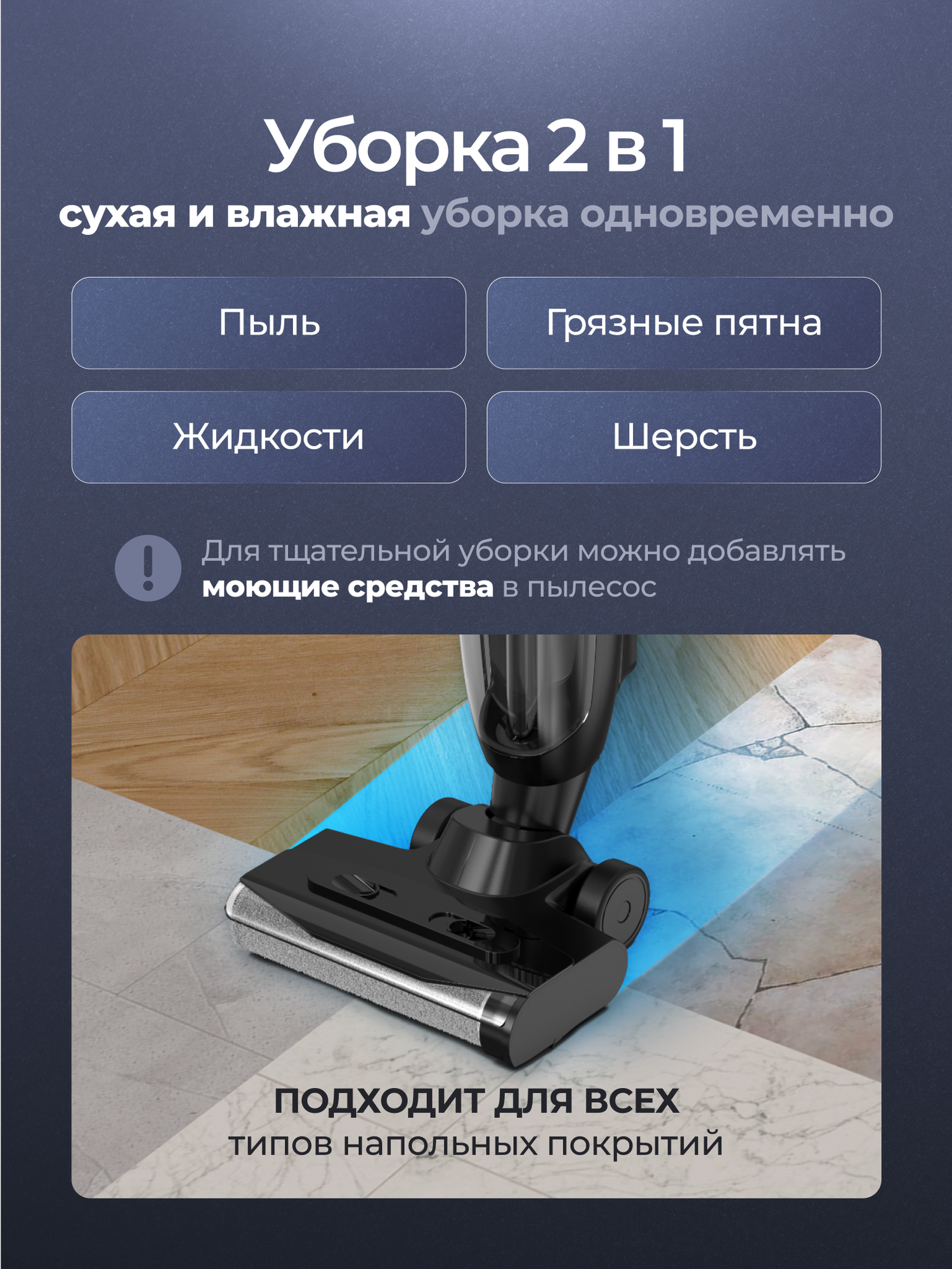 Моющий пылесос вертикальный беспроводной Voksbot B63, сухая и влажная уборка — фото 1