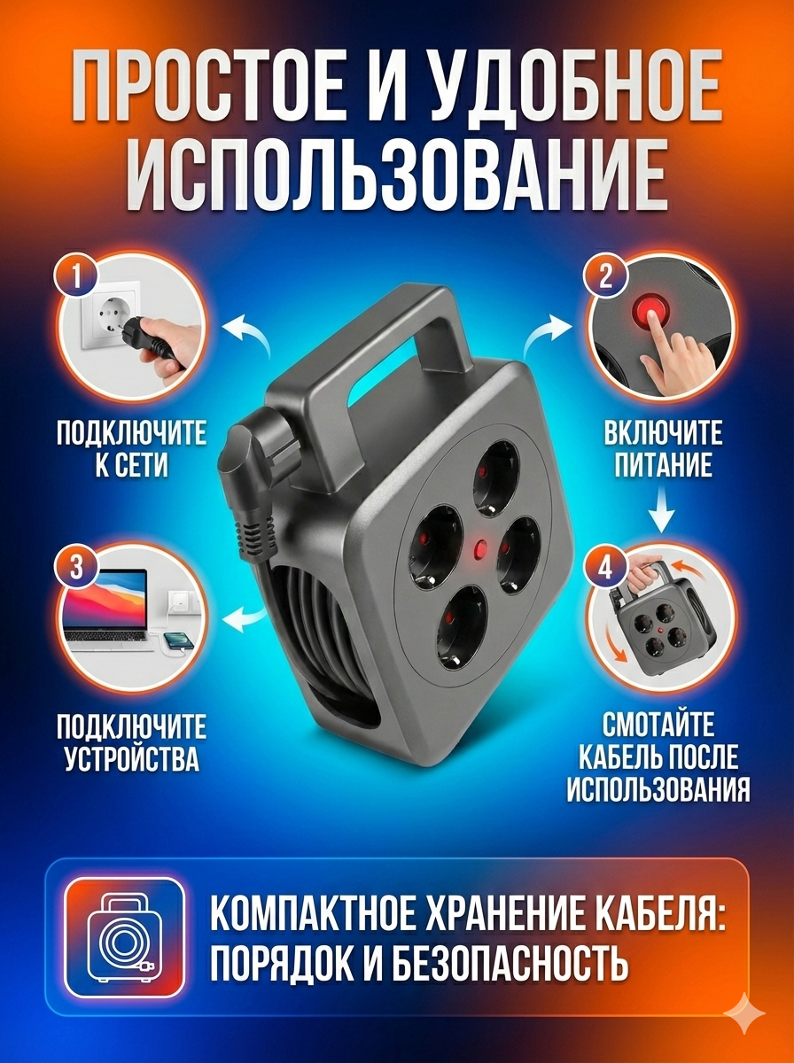 Удлинитель с катушкой и выключателем, 4 розетки, 5м, IP40, черный — фото 1