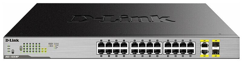 D-Link Коммутатор 1U 19 RM D-Link DGS-1026MP/B1A 24 портов 1Гбит/сек.PoE + 2 порта SFP, неуправляемый (ret)